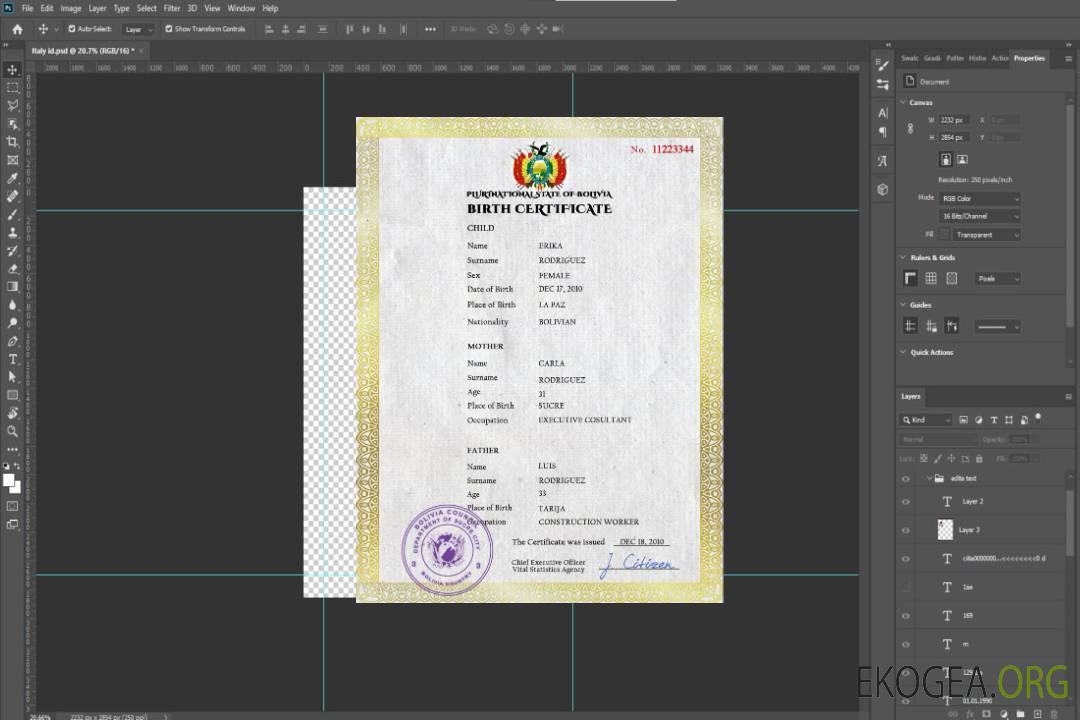 Modèle PSD de certificat de naissance de l'état civil de la Bolivie template